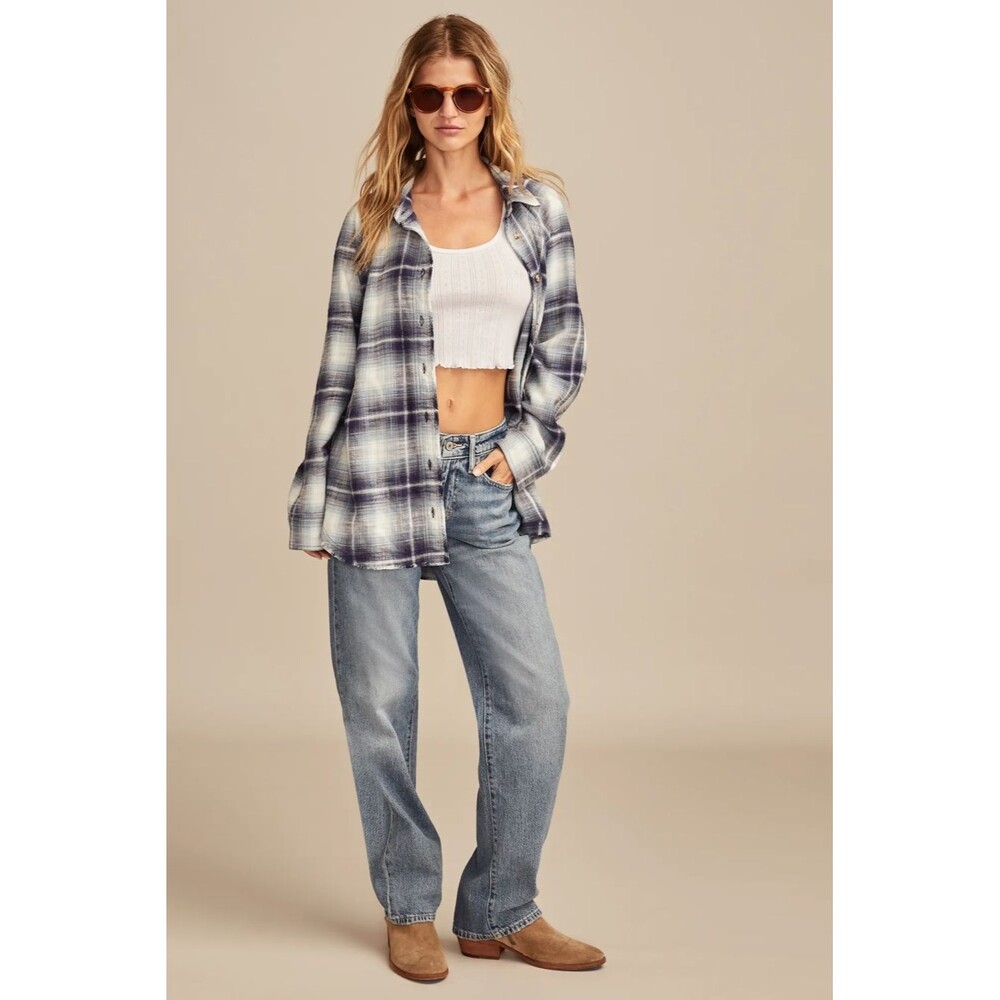 Lucky Brand Women's Blue Plaid Flannel Tunic Shirt Cotton Size 2XL NWT